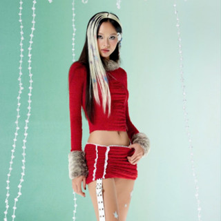 Set len đỏ khoá zip phối lông mùa đông cá tính Mangata (CHAMPON)