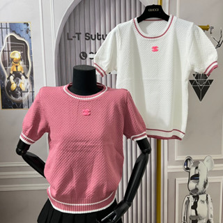 Áo len nữ cộc tay cổ tròn chạy viền len xốp free size hoạ tiết chữ x thêu nổi bật mã 804