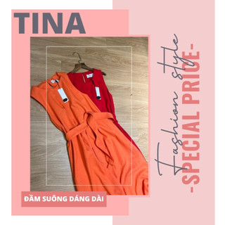 Đầm suông dài Linen belt tháo rời, Đầm dài suông, 3 màu đỏ, cam và tím, cổ tim, tròn sát nách, phom dáng dài tây
