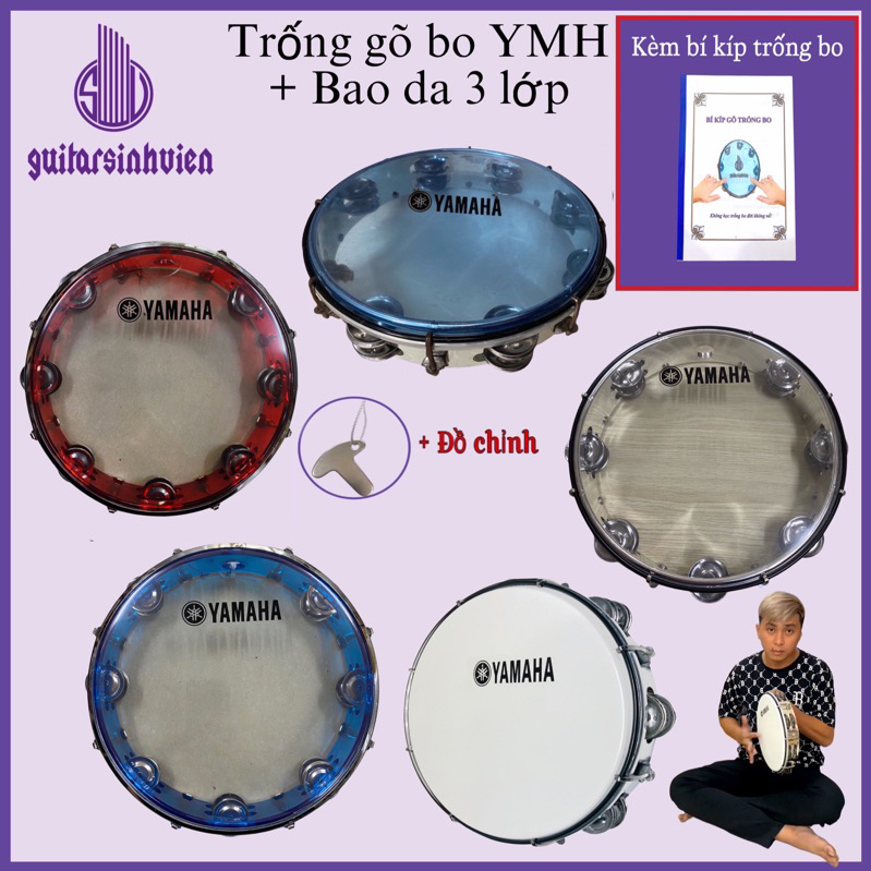  Trống gõ bo có viền đen 26cm loại chuẩn - Tặng tài liệu hướng dẫn - lục lạc - tambourine - Tặng đồ chỉnh 