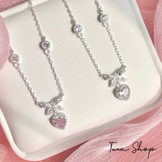 Dây chuyền bạc nơ trái tim gắn đá cao cấp, Vòng cổ nữ đính đá hình trái tim TUNA SILVER Trang sức Bạc