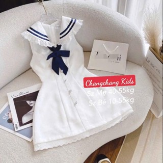 Đầm thủy thủ bé gái có viền ren phong cách Hàn Quốc kèm nơ xinh xắn size mẹ và bé 12-56kg