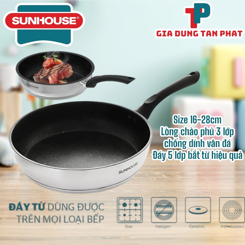 Chảo cạn Inox 5 đáy SUNHOUSE kích thước16 đến 28CM IN16M4-IN28M4 dùng với mọi loại bếp