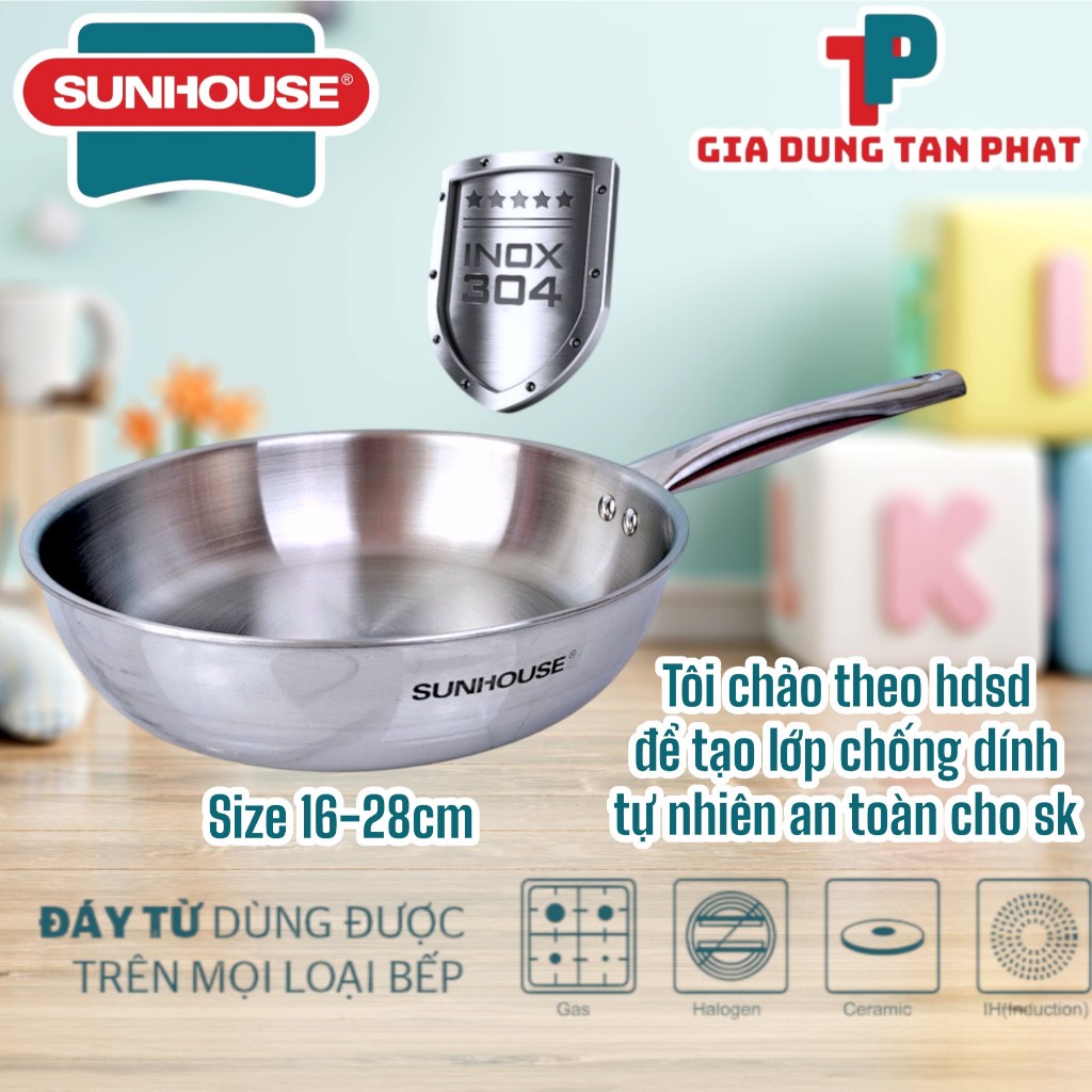 Chảo inox 304 đa lớp Sunhouse IN16M6-IN28M6 kích thước 16-30cm dùng với mọi loại bếp - hàng chính hã