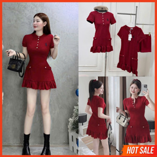  Váy len body nữ Váy len thừng cổ tròn cúc ngực thêu ngựa cộc tay xòe gấu xếp ly xinh xắn dễ thương 