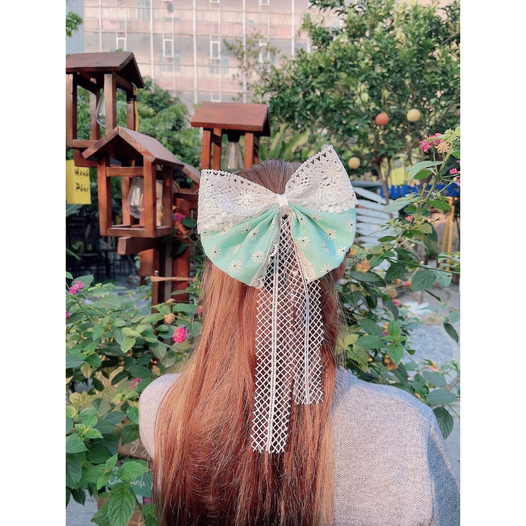 kẹp tóc nơ tiểu thư hàn quốc trắng xanh