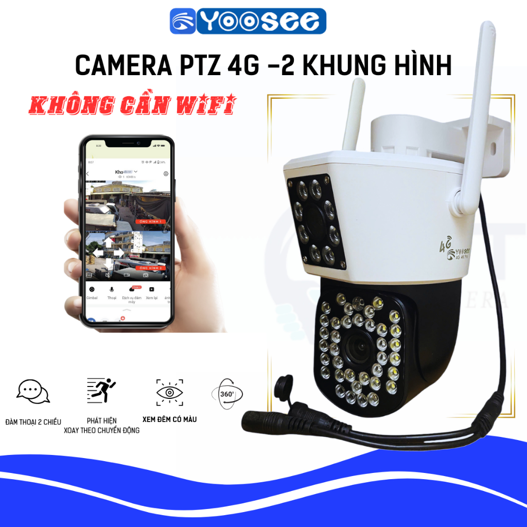 Camera YooSee 2 mắt SIM 4G 4K PRO-dùng sim 4G- Xem 2 Màn Hình Cùng Lúc-chống nước