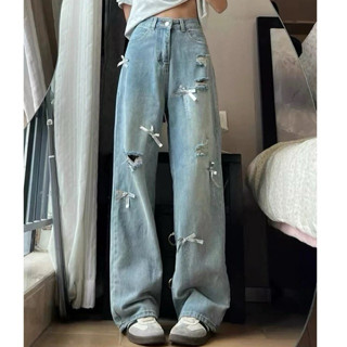 SẴN [Bigsize 55-100kg] Quần jean ống rộng nơ Bigsize nữ đi chơi eo cao dài mùa thu 2025 (5537)