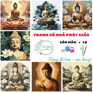 [Tặng sơn bóng] Tranh tô màu theo số DIY khổ 20x20cm có khung- Tranh Phật