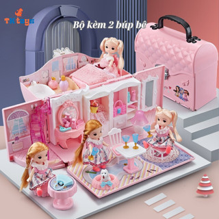 Ngôi nhà búp bê túi xách kèm 2 búp bê, Đồ chơi búp bê màu hồng dễ thương cho bé gái