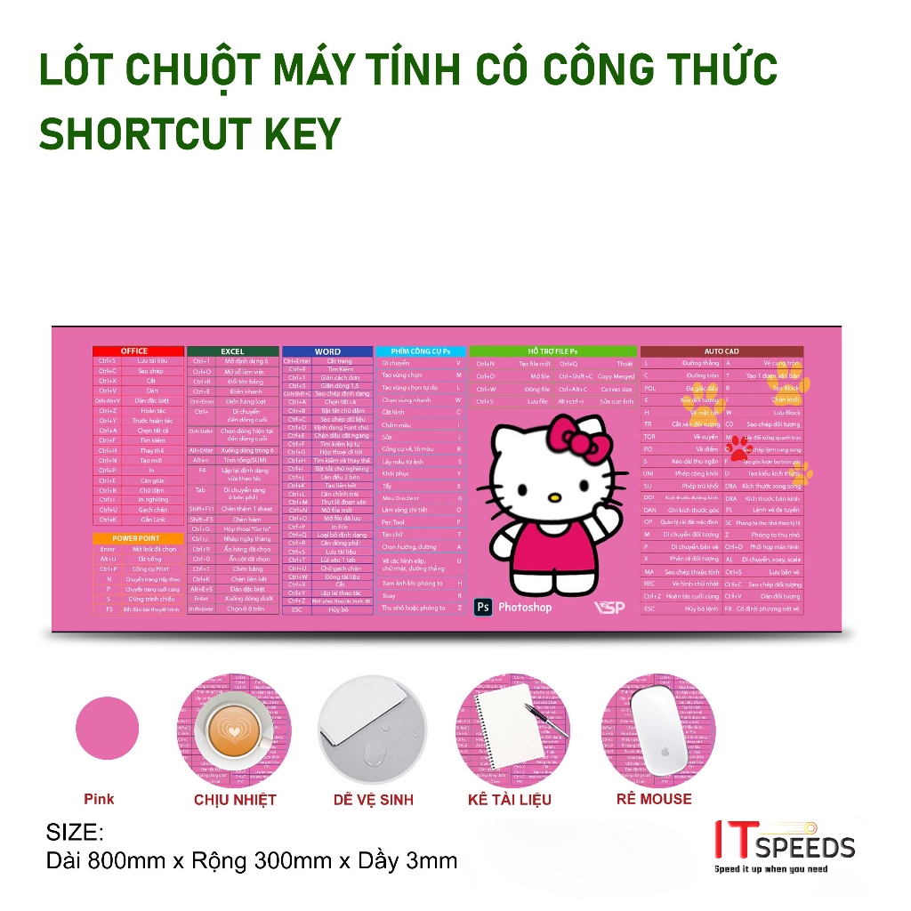 Miếng Lót Chuột Cute , Bàn Di Chuột, In Phím Tắt Office, Excel, Word, PowerPoint, Photoshop, AutoCad