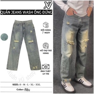 Quần jean nam ống suông Bagy Form Suông Ống Suông Wash Rách Phong Cách Màu Rêu Bạc và xanh
