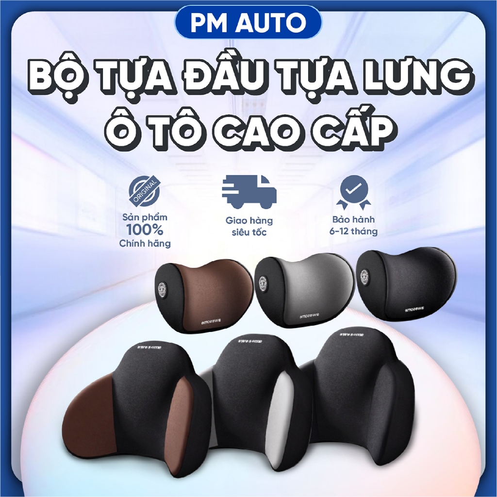 Gối tựa đầu ô tô Awesome cao cấp, gối tựa lưng ô tô chất liệu cotton satin và cao su non đúc nguyên 