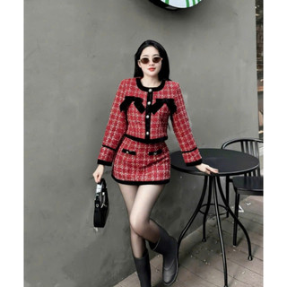  BIGSIZE HIẾU HIẾU  55-100KG  - Set dạ thu đông caro đỏ Áo tay dài phối nơ + Chân váy dáng ngắn hot S461 