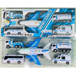 Set 5 Xe Sân Bay Cảnh Sát Chạy Đà Cỡ Lớn Cho Bé, Máy Bay Lắp Pin Có Nhạc, Đèn, Chất Liệu Nhựa ABS