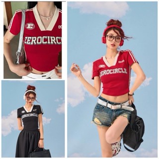  Áo croptop tay ngắn cổ v,áo thun cổ trụ Zerocircle ôm body chất cotton co giãn màu đỏ ,đen cá tính dễ mix đồ 