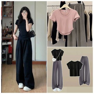 Sét bộ quần áo baby tee quần ống rộng cạp chun hack dáng đen + mix áo phông CROPTOP cộc tay chất tăm gân trơn dáng ngắn