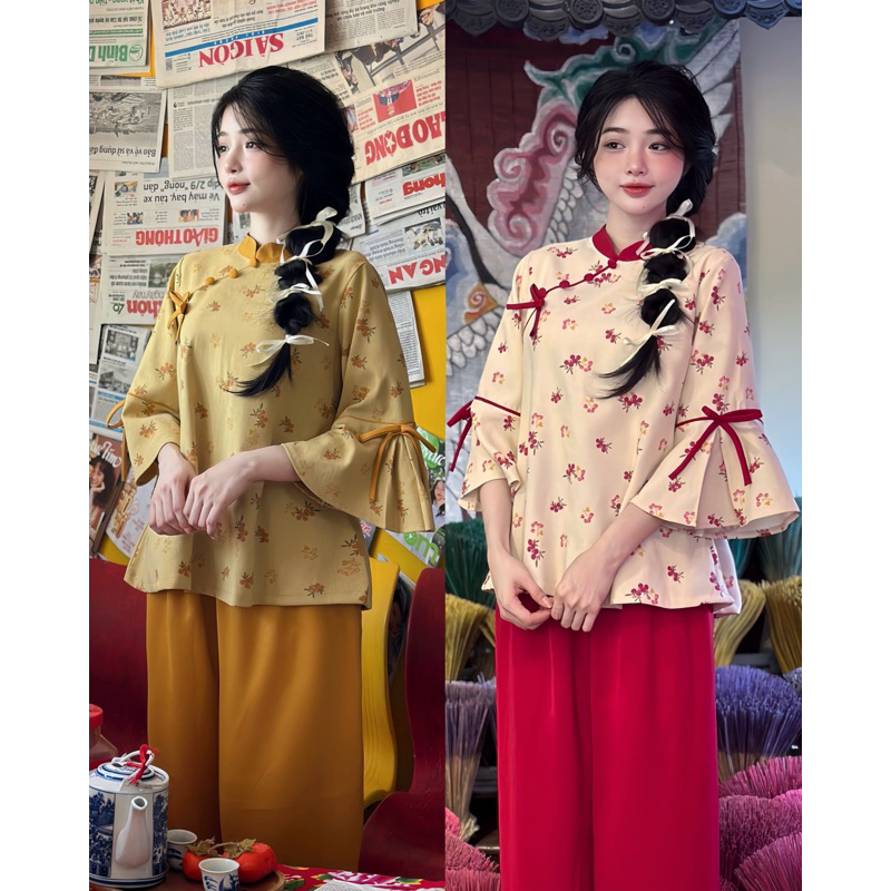   Ảnh Thật - Freeship  Set Áo Nhung Hoa Nhí Kết Nơ set mặc Tết đi chùa đi lễ Phối Quần Lụa Suông 
