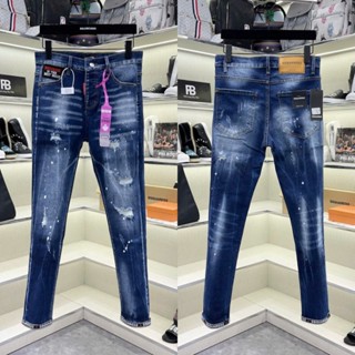 Quần jean bò nam DSQ slimfit xanh bạc rách xước vảy sơn thêu chữ viền ống phối mác tag hồng eo QJ660P