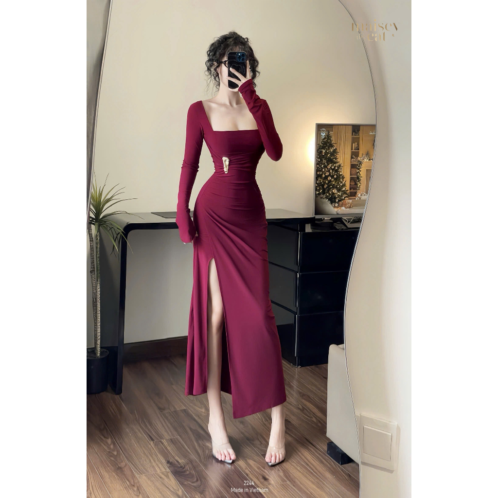 [MAISEY 2244] ĐẦM TIỆC CỔ VUÔNG TAY DÀI XẺ ĐÙI DÁNG DÀI KÈM TAP CÁI