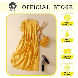 Đầm Sơ Mi Vải Lanh Cotton Cổ Búp Bê Dáng Rộng Thương Hiệu Cắt Nhãn Hàng Đầu Kiểu Pháp Cho Nữ DA158 vàng