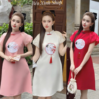  Áo Dài Cách Tân Thêu Họa Tiết Vải Lụa Chéo Cao Cấp Béo Xinh Bigsize Dễ Thương Cho Các Nàng 40-95Kg - A.1293 