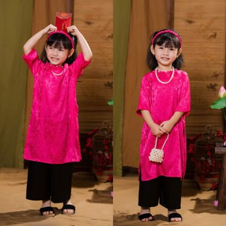 Áo dài cách tân cổ ngọc nơ cho bé gái, sét áo dài chất vải gấm quần lụa mặc tết 2025 size đại 43kg DA01 - BEEKIDS