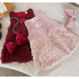 [Kem House] Set váy dạ lông sát nách HOA TRÀ cute ( có kèm túi nơ )