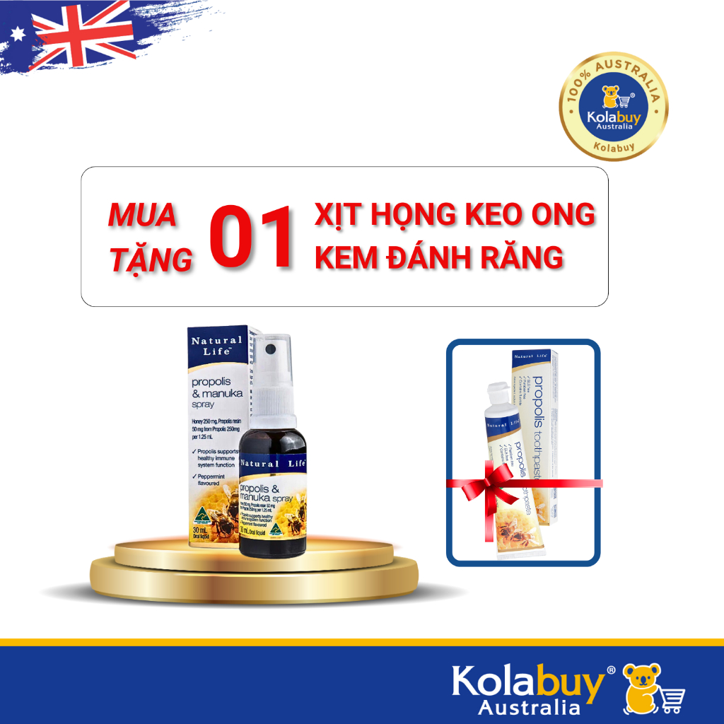 [MUA 1 TẶNG 1] Xịt họng keo ong cao cấp Natural Life Propolis & Manuka Honey Throat Spray 30ml