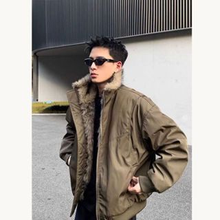 Áo Khoác Bomber Lót Lông Chồn Cổ Lỡ Nam Nữ Màu Sắc Trung Tính Phong Cách Retro