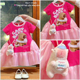 (Tặng túi Capy CC)Đầm Hồng tơ Capybara siêu xinh siêu hot tặng kèm túi gấu Capybara. Áo quần Tết, du lịch bé gái 13-45kg