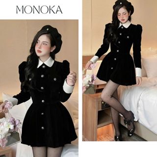  Váy nữ nhung đen cúc ngọc cổ sen trắng dài tay ngắn trên gối vai phồng tôn dáng Đầm nữ  dự tiệc chơi Noel Tết T781G 