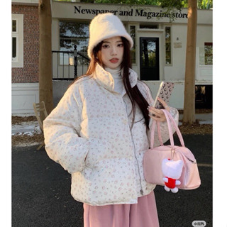 Áo phao croptop hoa nhí màu trắng hồng cổ cao dáng lửng thời trang mùa đông cho nữ