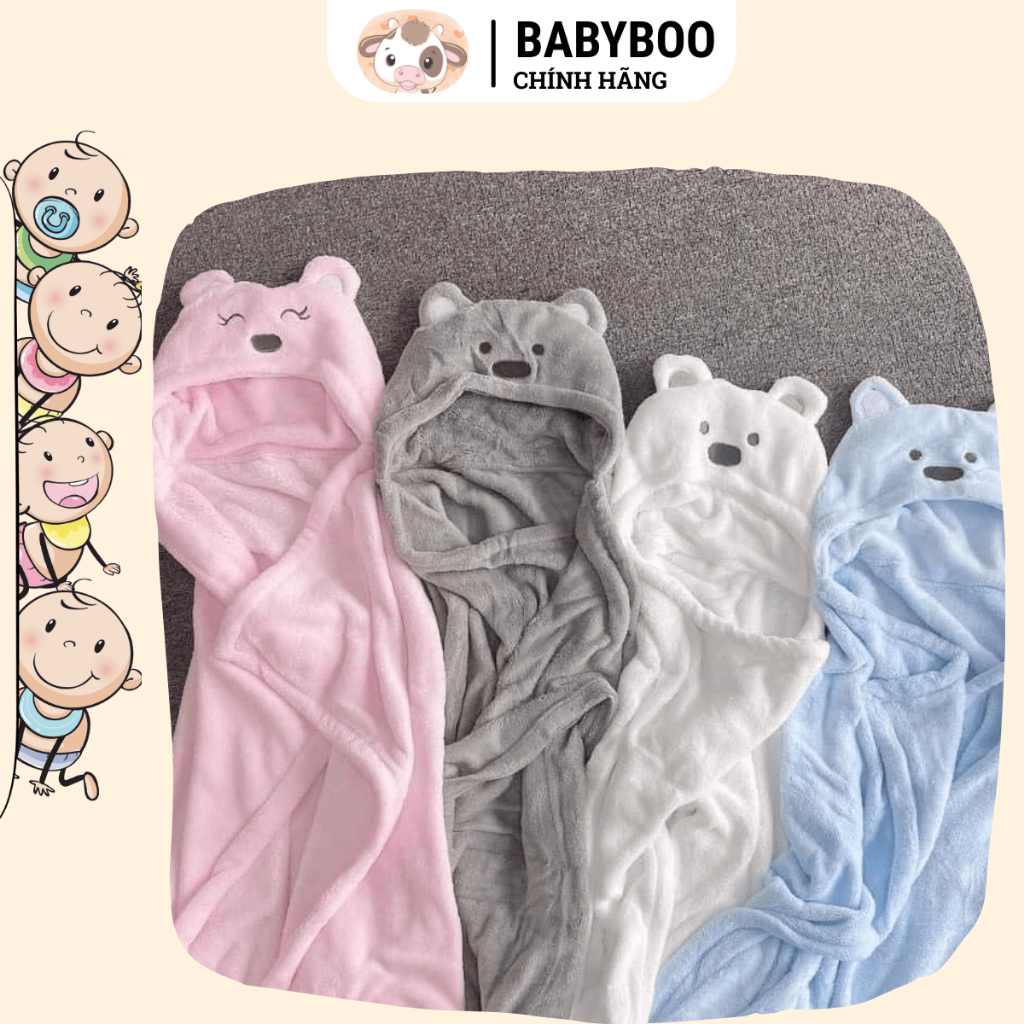 Ủ choàng chăn ủ lông hình gấu có mũ mini zone hàng loại 1 babyboo