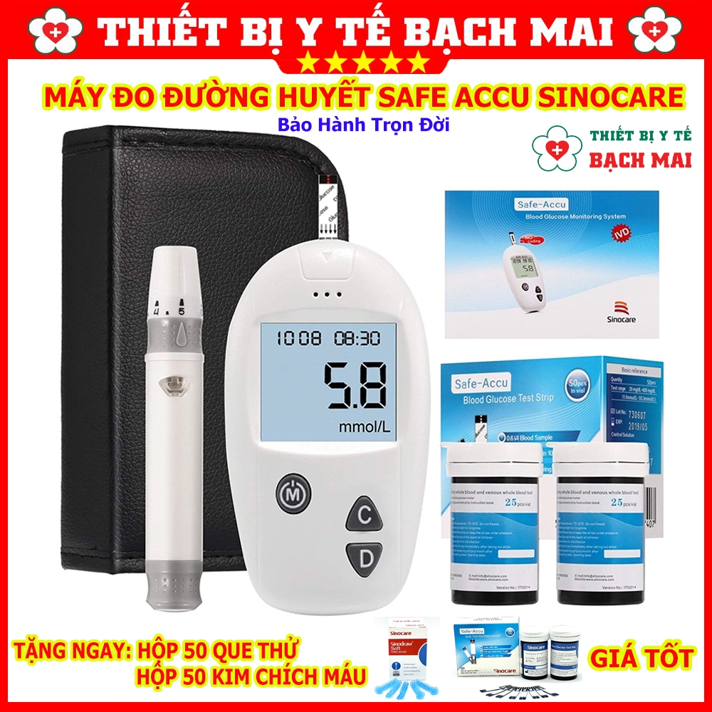 Máy Đo Tiểu Đường, Đường Huyết SINOCARE SAFE-ACCU - Tặng 50 Que Thử, 50 Kim Chích