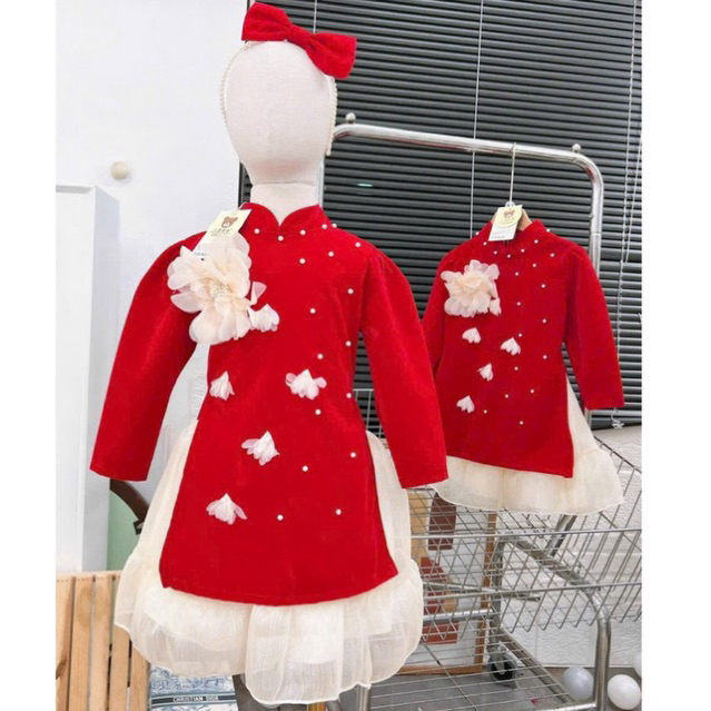 Set Áo Dài Nhung đính hoa 6D cao cấp cho bé gái