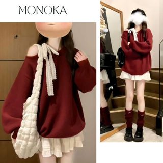 Set áo sweater khoét vai thắt dây nơ đỏ form rộng chân váy ngắn trắng xòe tầng có quần trong Bộ đồ chơi Noel T726G