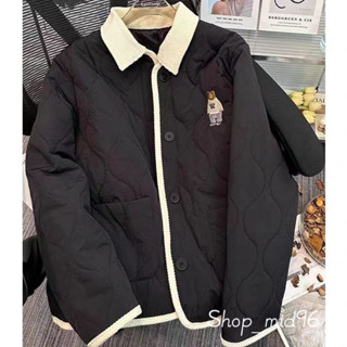 Áo khoác phao thêu gấu cổ bẻ nhung phong cách hàn quốc