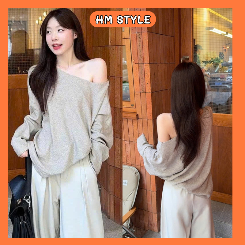Áo thun nữ lệch vai, Áo nỉ nữ trễ vai thu đông dài tay chất tăm lông thỏ phong cách trẻ trung HA690