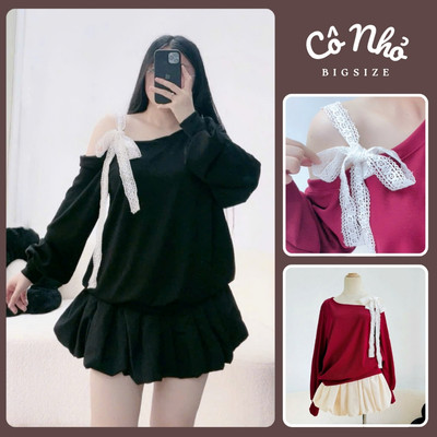 Set Bigsize Nữ Áo Sweater Lệch Vai Dây Ren Phối Chân Váy Bí Ngô Dễ Thương Cho Chubby SET931