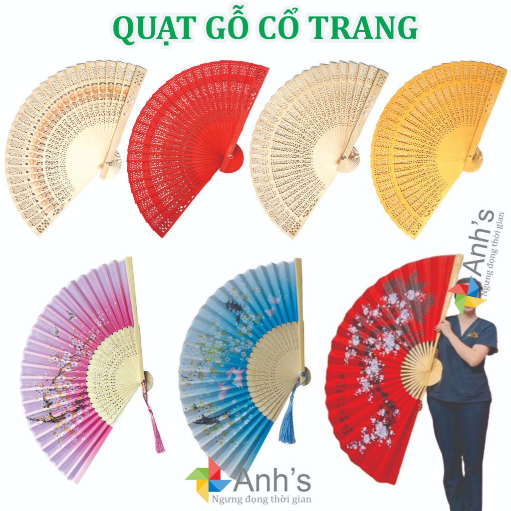 Quạt gỗ trang trí tết làm tháp bánh tháp nước set treo tường chụp ảnh cổ trang