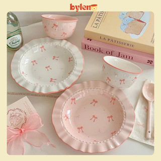  Bộ bát đĩa nơ gốm sứ hồng trắng trang trí bàn ăn gia đình phong cách decor hàn quốc Gốm ByLen 