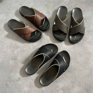 Dép Da Nam 2 Quai Chéo Fashion, Da Chống Nhăn, Đi Nước Thoải Mái, Đế Cao Su Đúc Nguyên Khối