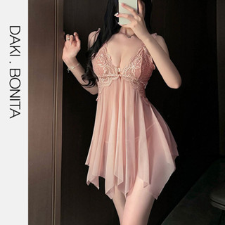 Bộ đồ váy ngủ nữ xuyên thấu phối ren sexy DK249 kiểu đầm 2 dây có mút ngực nhỏ gài trước kèm quần lót gợi cảm