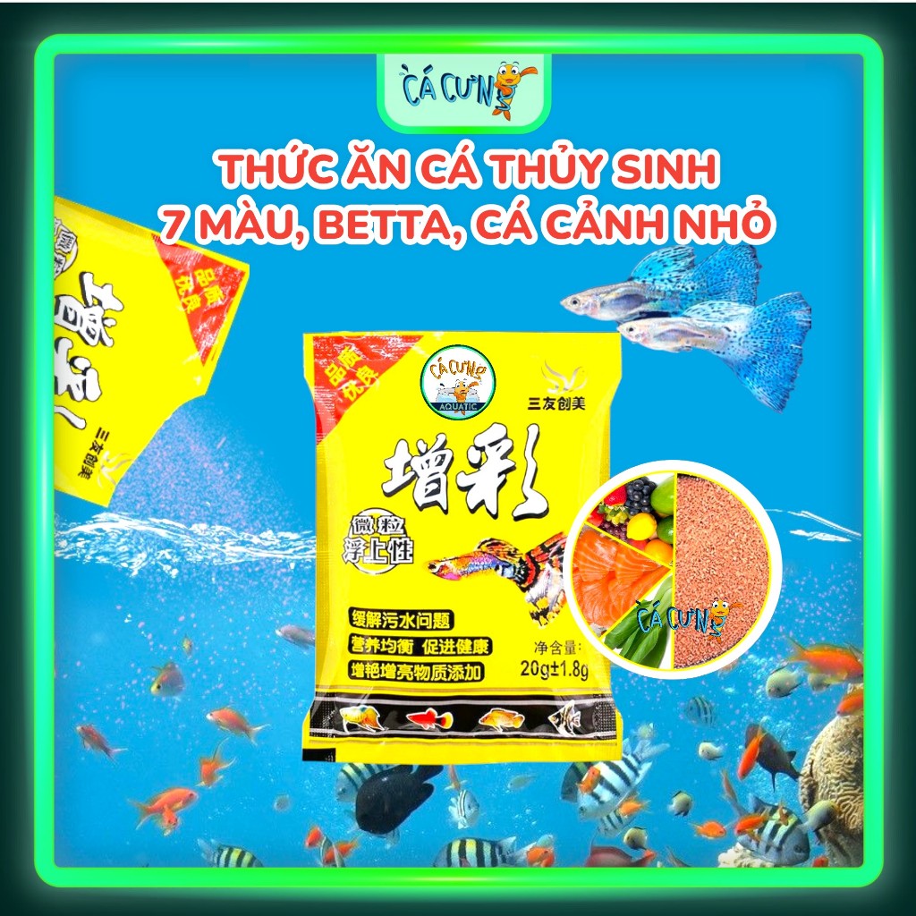 Thức ăn cho cá 7 màu, thủy sinh | Cám cá bảy màu vàng, cám guppy, betta, cá cảnh 20g (Hàng CTY)