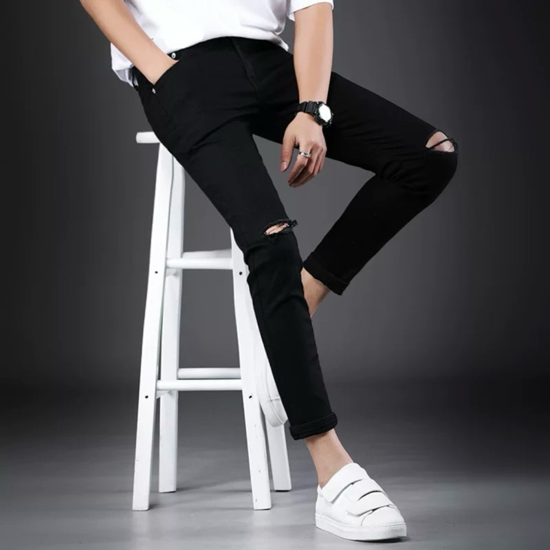 Quần jean nam rách gối trơn chất bò cao cấp co dãn 4 chiều đẹp rin trơn form dáng skinny Q22