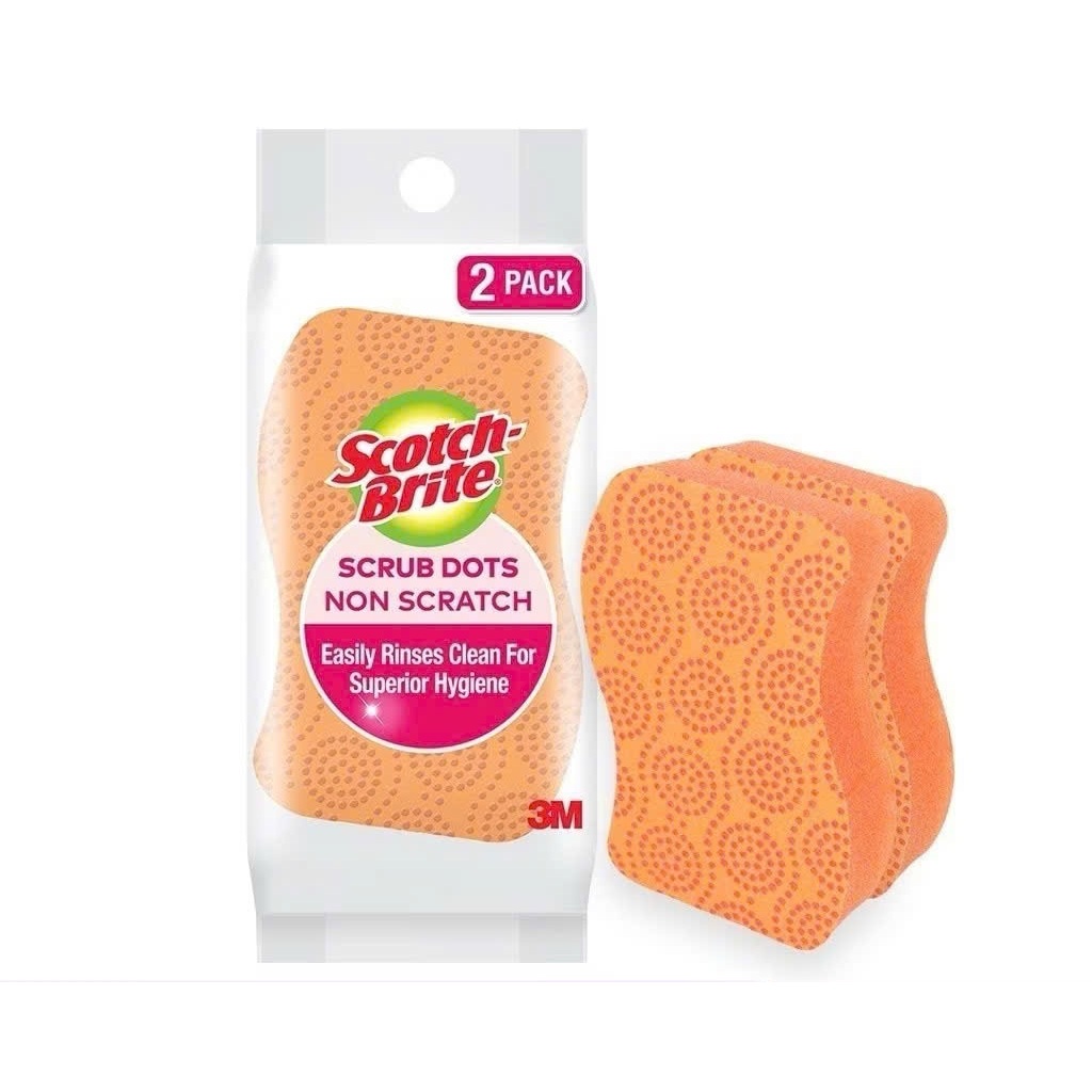 Túi 2 miếng rửa chén hạt mài nổi có mút không trầy xước 3M Scotch Brite 3M, màu cam, 69mm x 114mm