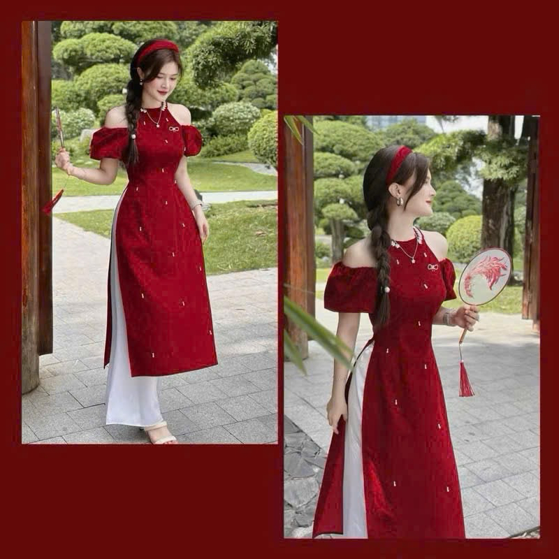 [FULL SET] Áo dài đỏ nhung kèm quần lụa 4Seasons