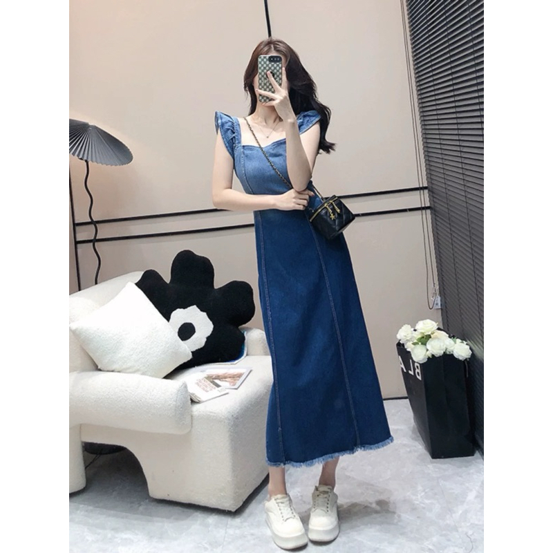 đầm jean mềm phối màu tôn dáng ( sẵn hàng ) đầm dáng dài cho nữ .