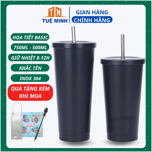 Ly giữ nhiệt 750ml Basic kèm ống hút chất liệu inox 304 giữ nhiệt, cốc uống nước kèm ống hút inox